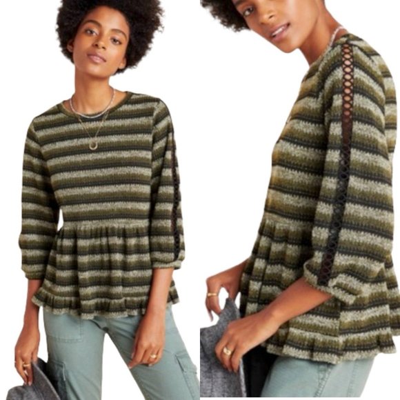 Anthropologie Ro & De Stripe Boho Babydoll Top Peplum Style NWT Size Medium - Picture 1 of 9